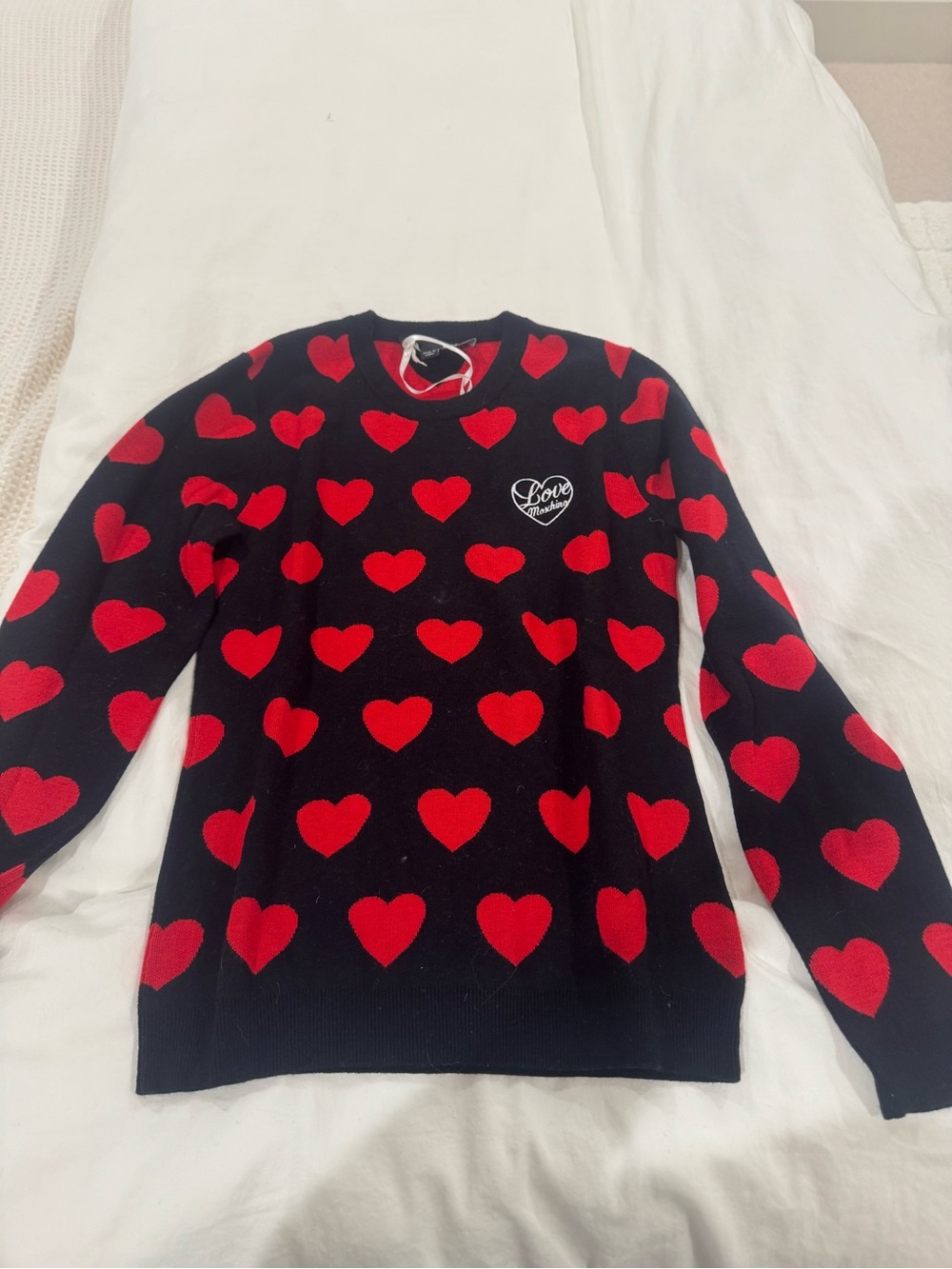 Moschino Black Crewneck Sweater with Red Heart Motif